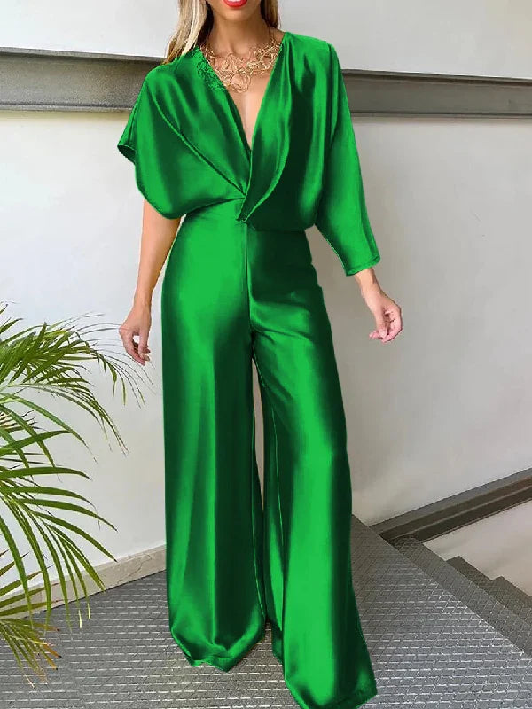 Women's Solid Color Jumpsuit Spring Summer Adult Female V-neck Sexy Short Sleeves High Waist One-piece Suits Green