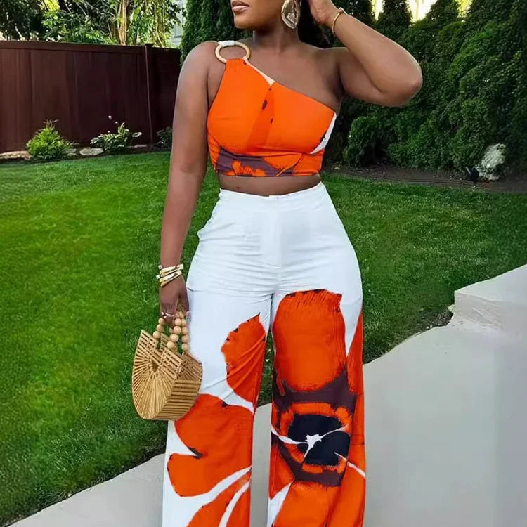 Women Set Floral Print Sleeveless Skew Collar Tops +Wide Leg Pants Two 2 Piece Set Outfit 2024 Summer Street Tracksuit