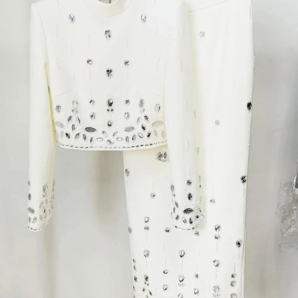2024 Heavy Industry Nail Bead Inlaid Diamond Short Skirt Set O-neck Long Sleeve Slim Fit Short Top+Nail Bead Skirt Two Piece Set White long style