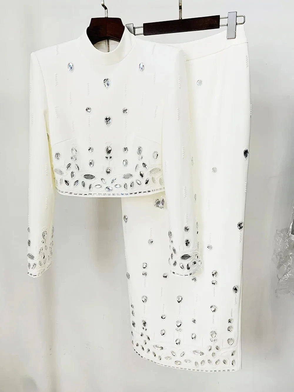 2024 Heavy Industry Nail Bead Inlaid Diamond Short Skirt Set O-neck Long Sleeve Slim Fit Short Top+Nail Bead Skirt Two Piece Set White long style