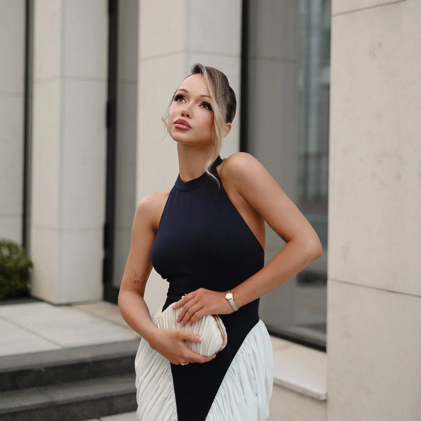 Urban Color Block Halter Sleeveless Midi Dress with Ruffle Detail for Party Formal Events