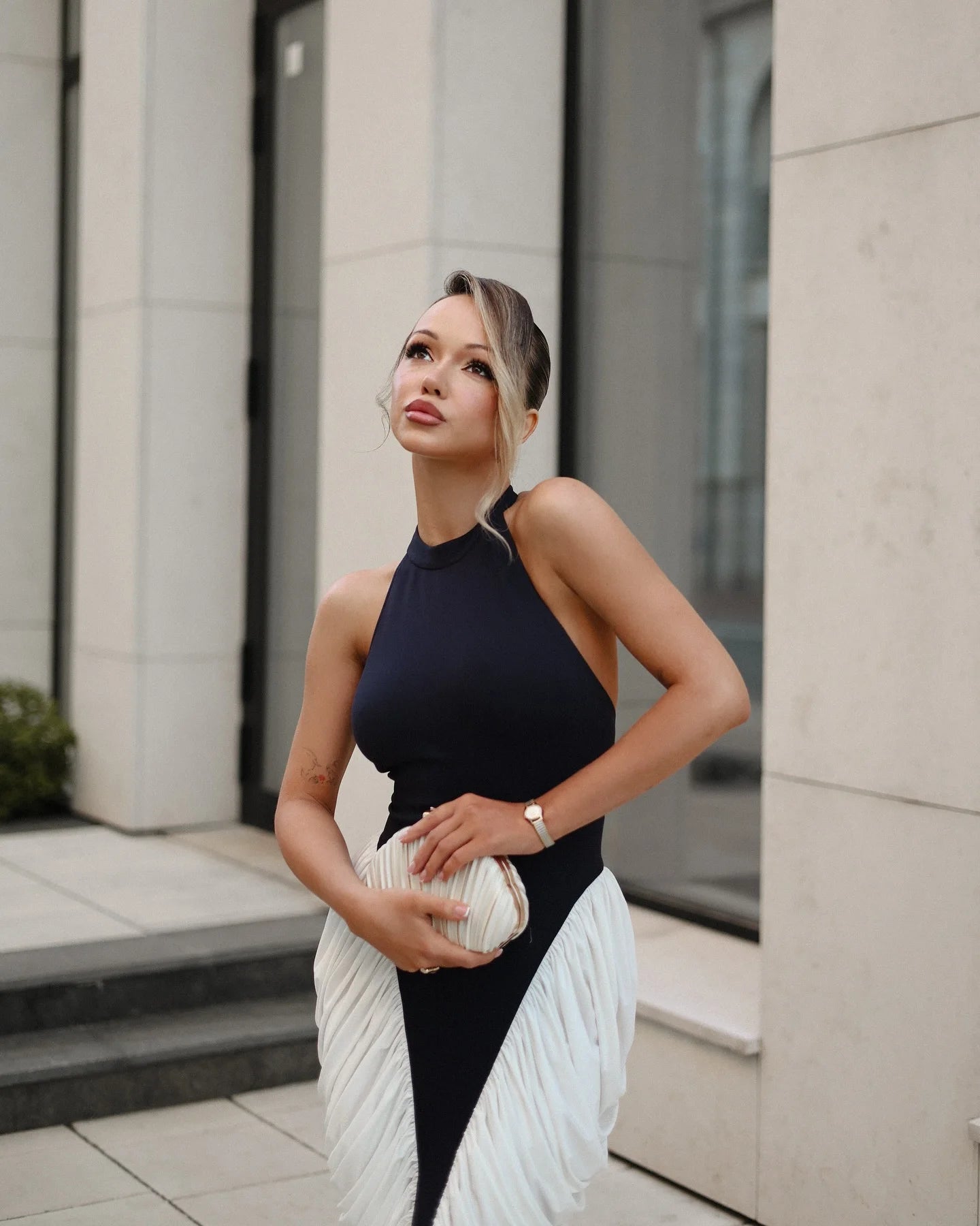 Urban Color Block Halter Sleeveless Midi Dress with Ruffle Detail for Party Formal Events