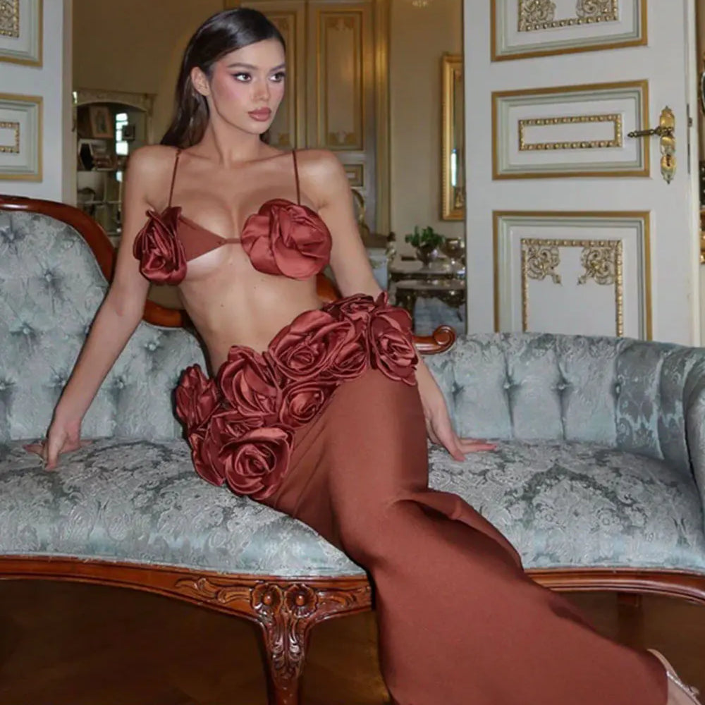 Sexy Women'S Three-Dimensional Flower Bandage Long Dress Set Spaghetti Strap Sleeveless Ultra Short Vest + Skirt Two-Piece Set