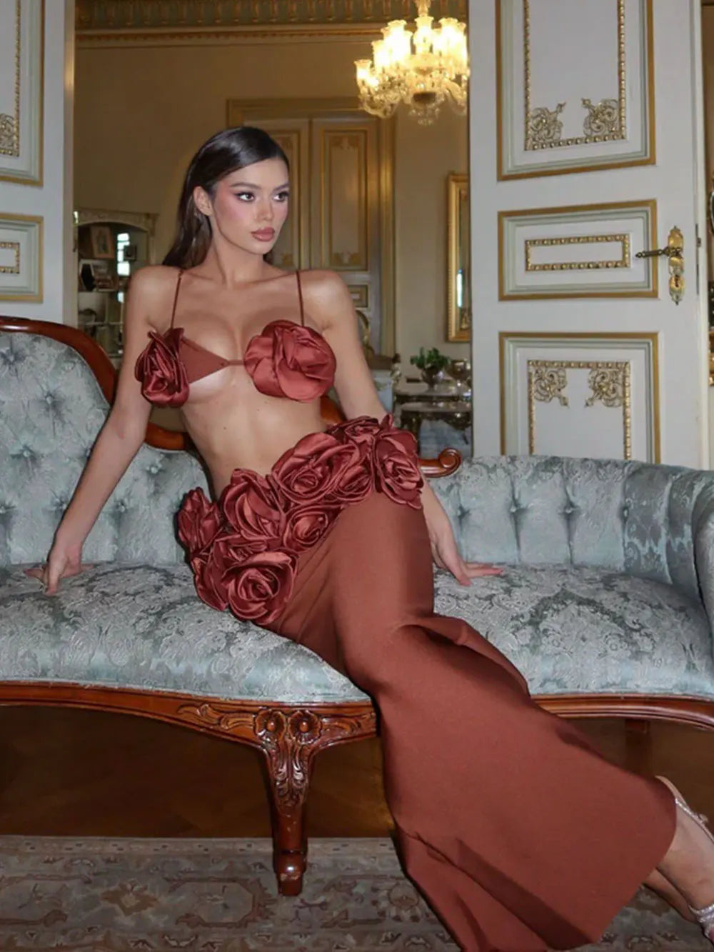 Sexy Women'S Three-Dimensional Flower Bandage Long Dress Set Spaghetti Strap Sleeveless Ultra Short Vest + Skirt Two-Piece Set