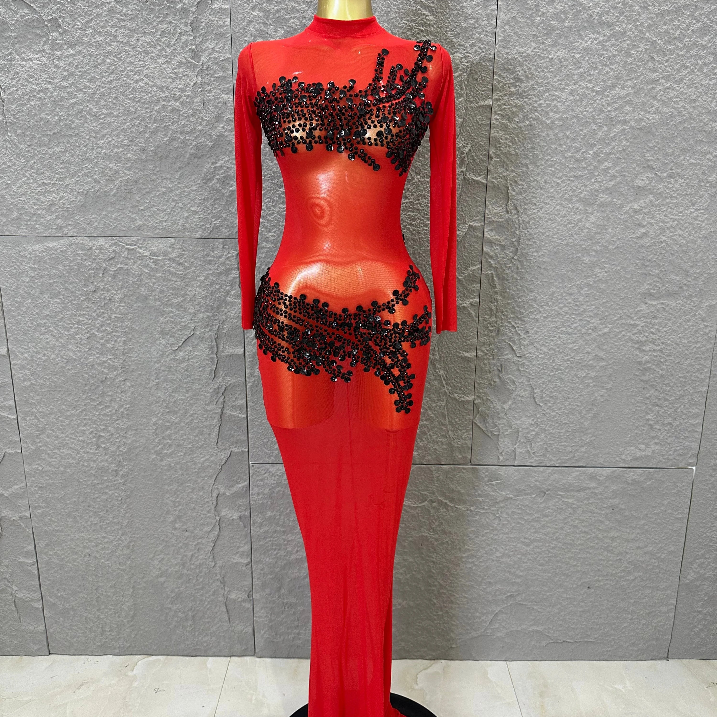 Sexy 2026 Black Sheer Mesh Maxi Dress Women Long Sleeve High Neck Red Rhinestone Embellished Bodycon Stage Costume Red
