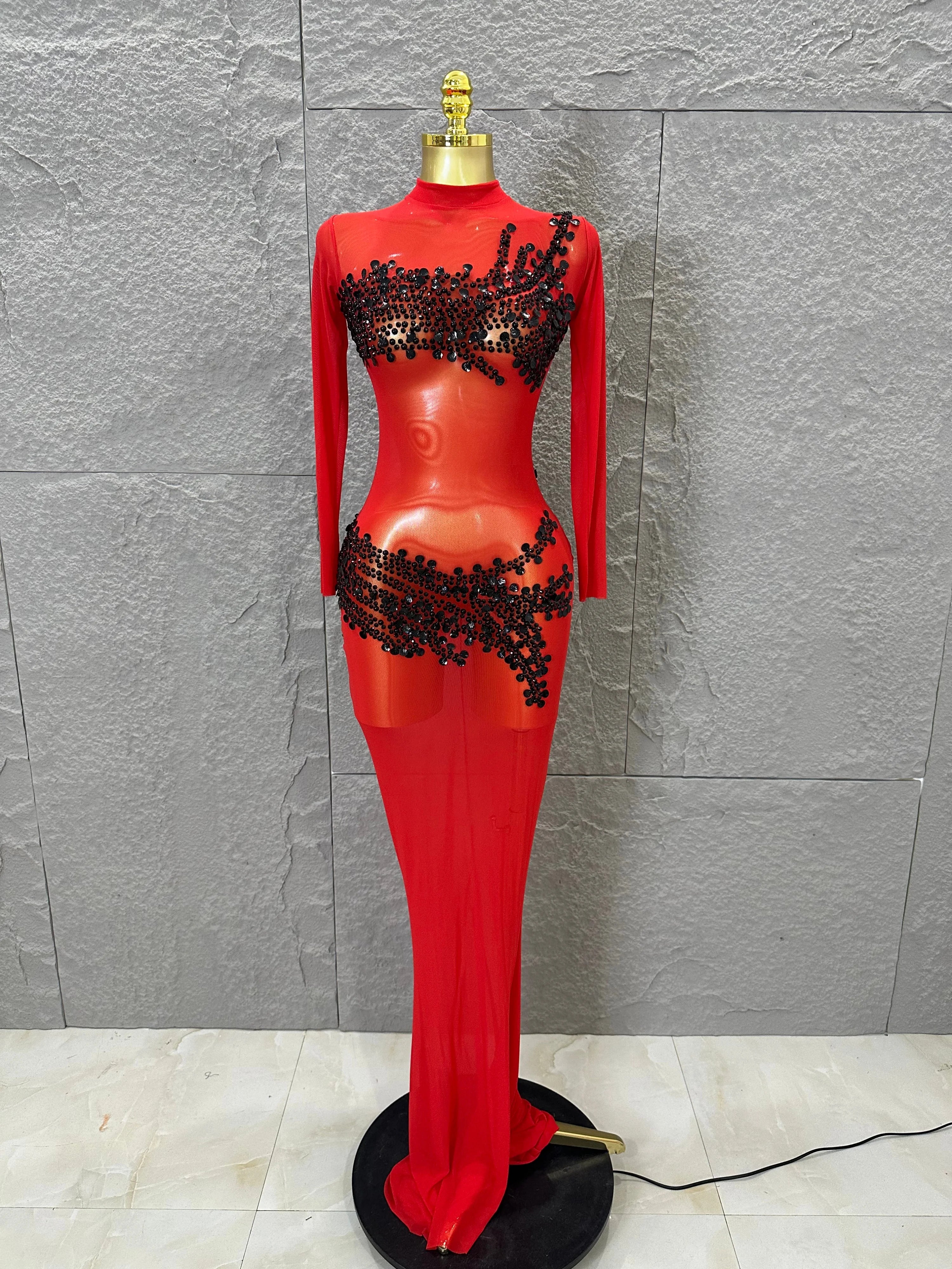 Sexy 2026 Black Sheer Mesh Maxi Dress Women Long Sleeve High Neck Red Rhinestone Embellished Bodycon Stage Costume Red