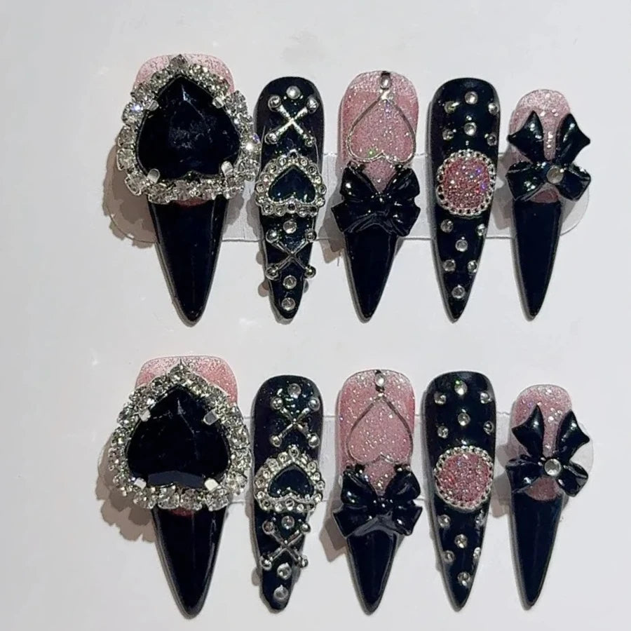 10Pcs Light Luxury Long Dark Black False Nails Pink Glitter Spice Girls Wearing Manicure 3D Bow Rhinestone Fashion Acrylic Nails
