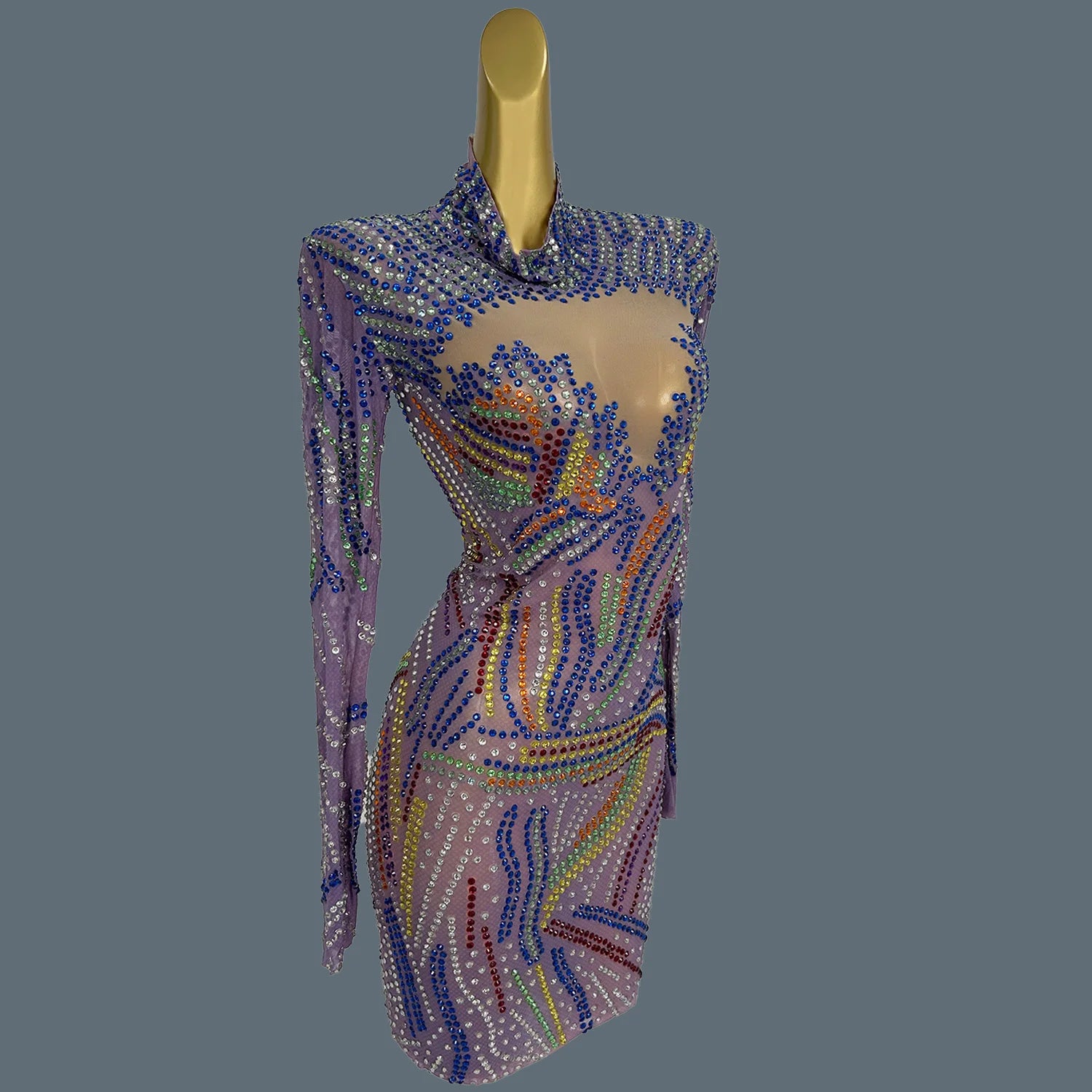 Sparkly Multicolour Rhinestone Mini Dress Sexy Women See Through Mesh Event Short Dress Birthday Party Photo Shoot Wear Malanhui