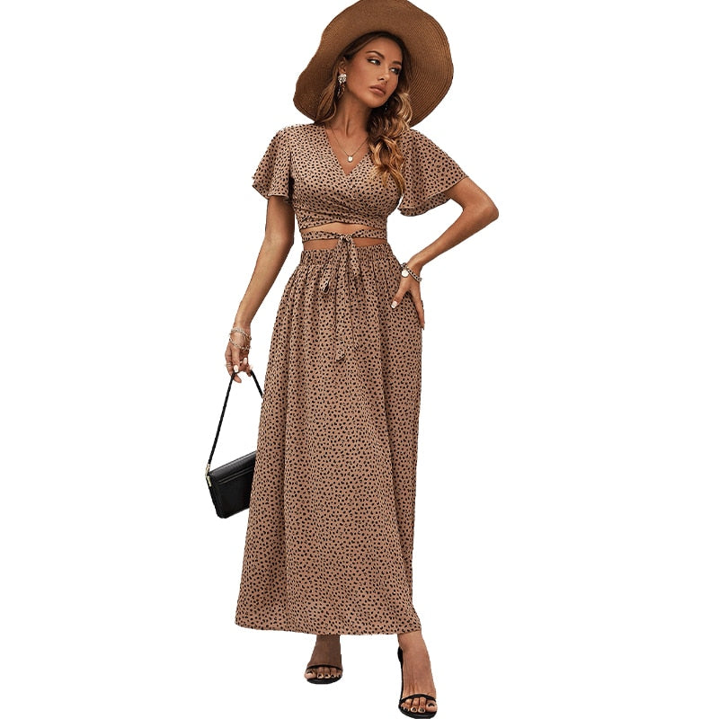 Summer Chiffon Set Woman Two Piece Skirt Set Women Leopard Print Crop Top and Skirt Suits Party Milf 2 Piece Set Outfits Khaki