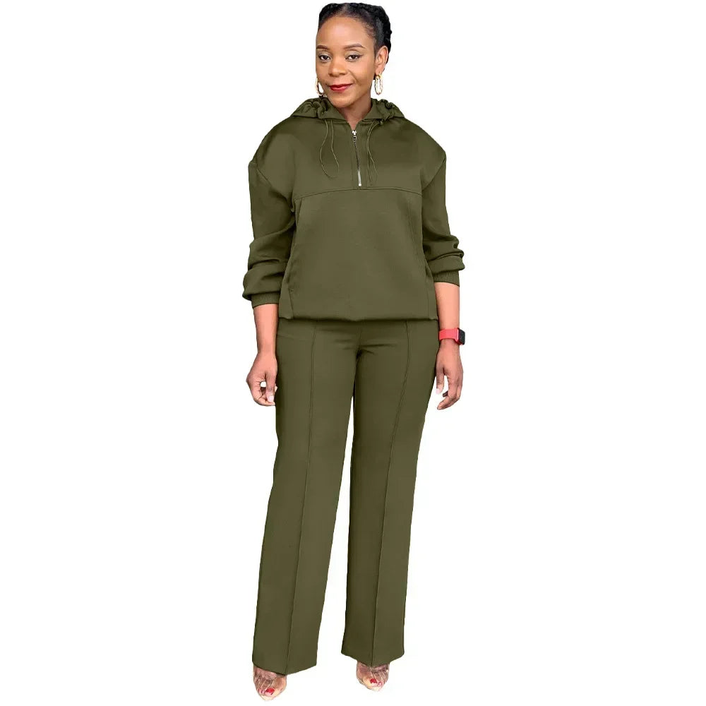 Long Sleeve Women Set Loose Long Sleeve Hoodies Pant Suits 2024 Spring 2 Two Piece Sets Sporty Tracksuits Street Outfits Army Green