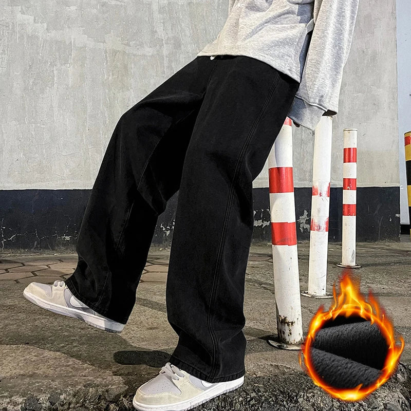 Winter Fleece Men's Baggy Wide Leg Jeans Thicken Warm Fashion Streetwear Oversized Elastic Waist Black Straight Denim Pants black