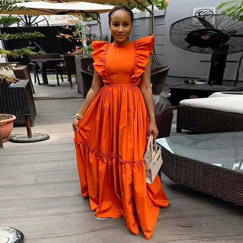 2024 Summer Ruffles Short Sleeve Sweet Cute O-Neck Floor-Length Long Women Dress Beach Streetwear Big Swing Maxi Dresses orange