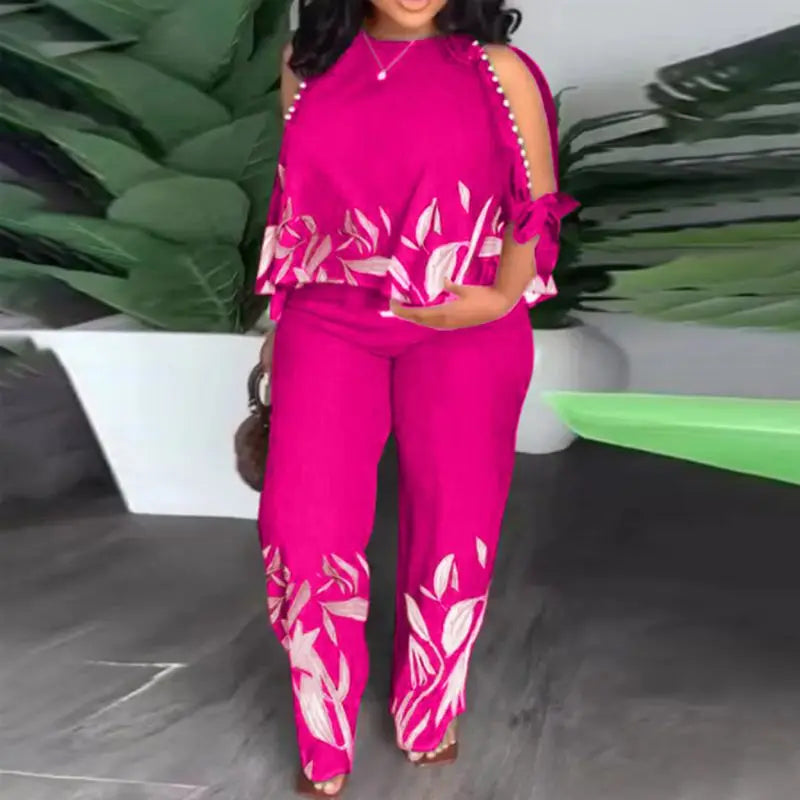 Plus Size 5XL Elegant Women Pant Sets 2024 VONDA Summer Cold Shoulder 2pcs Casual 3/4 Sleeve Tops Vintage Printed Matching Sets Rose