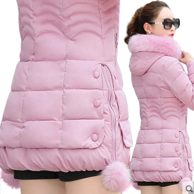 Winter Jacket Women winter coat pure color casual Fur Collar Hooded long hooded cotton lady jacket