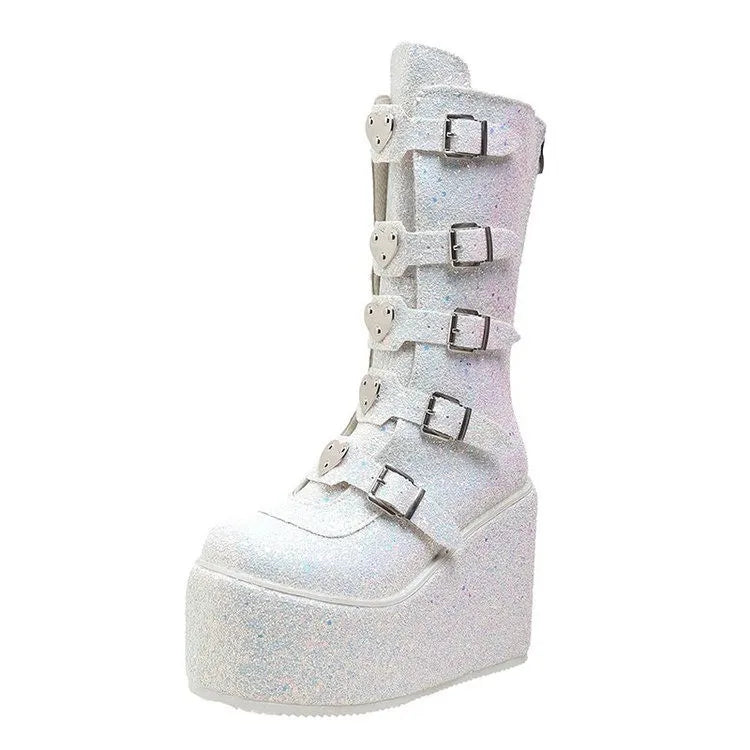 Punk Women Sequin Boots Ladies Cosplay High Boots Comfort Long Tube Boots Pink Platform High Wedges Women Shoes Gothic Boots WHITE