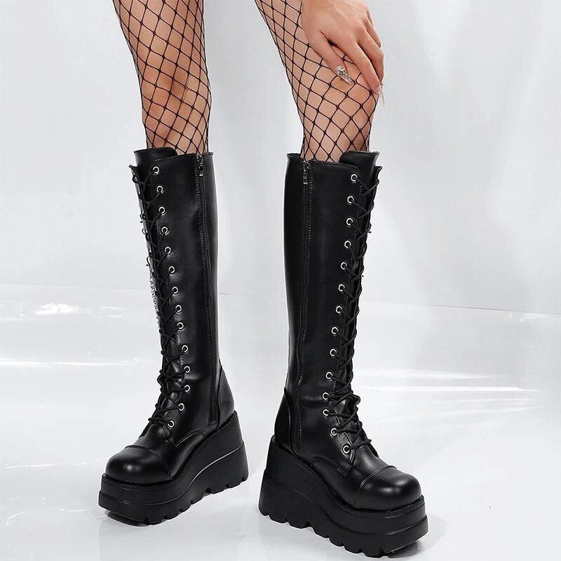 Winter High Heels Chain Chelsea Boots Platform Knee High Women Luxury Shoes 2024 Fashion New Trend Lace Up Wedges Zipper Boots