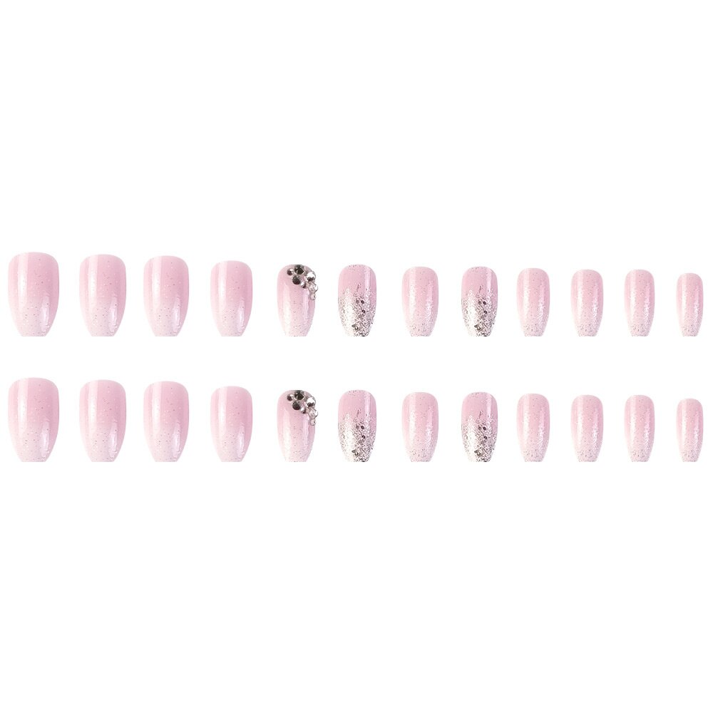 Trendy Gradient Pink False Nail Tips With Designs French Coffin Fake Nails Set Press on Short Ballerina Rhinestones Manicure