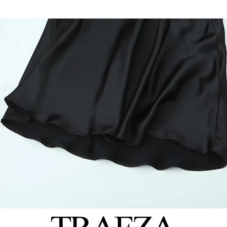 TRAFZA Women Fashion Backless Dresses Sexy Black Halter Tie Satin Long Dress Woman Bodycon Dresses New Ladies Luxury Party