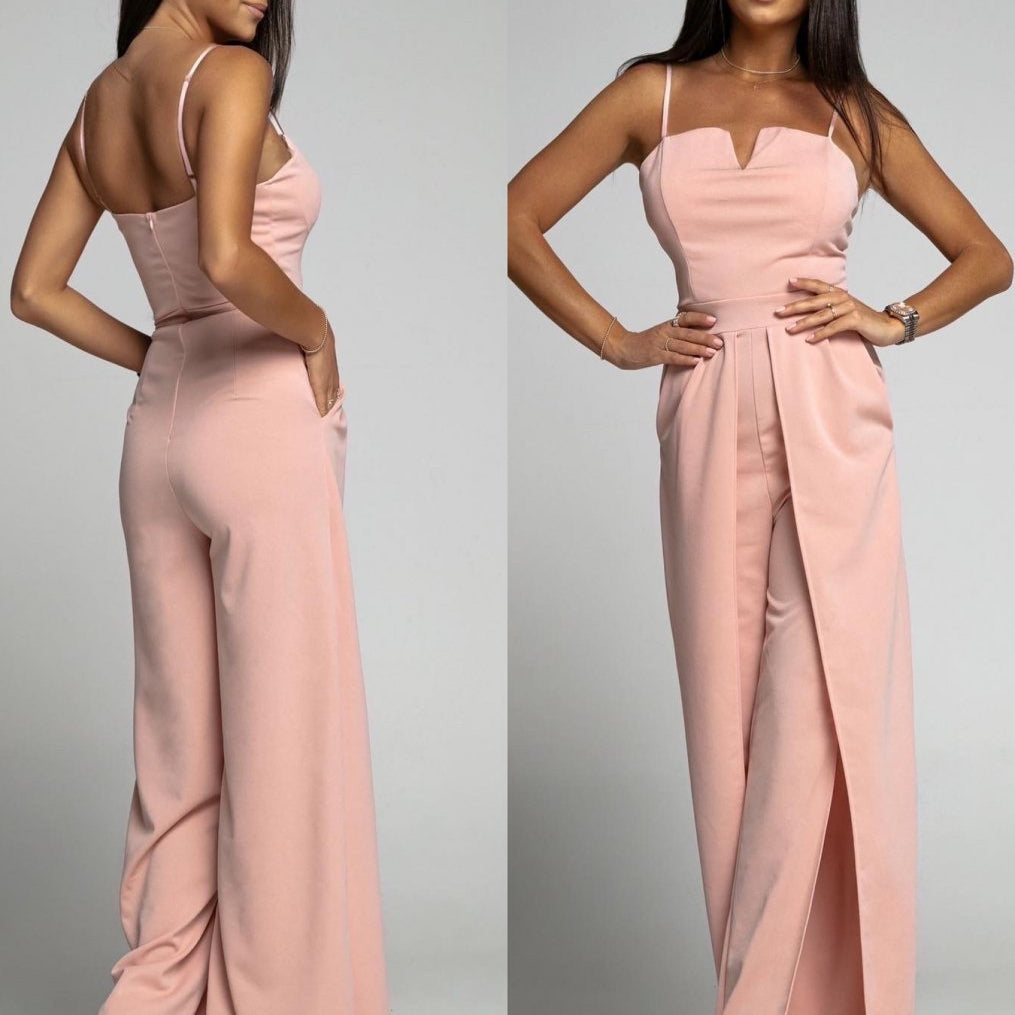 Summer Fashion Jumpsuit Women Sexy Suspender Bra Sleeveless High Waist Split Wide Leg Pants Elegant Temperament Jumpsuit Women