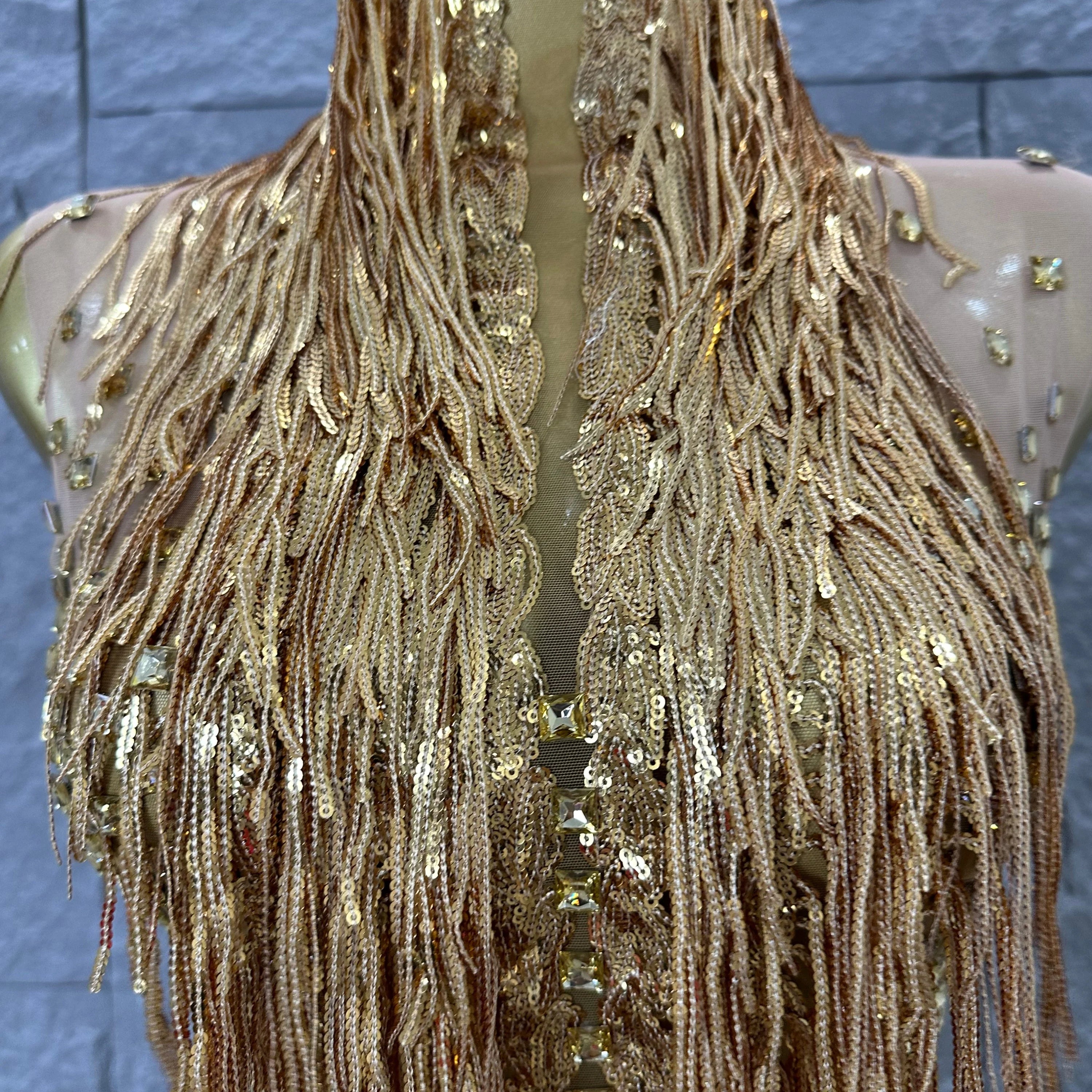 Opulent Gold Halter Neck Mini Dress Women Sexy Crystal Embellished Fringe Trim Form-Fitting Outfit Formal Event Party Costume