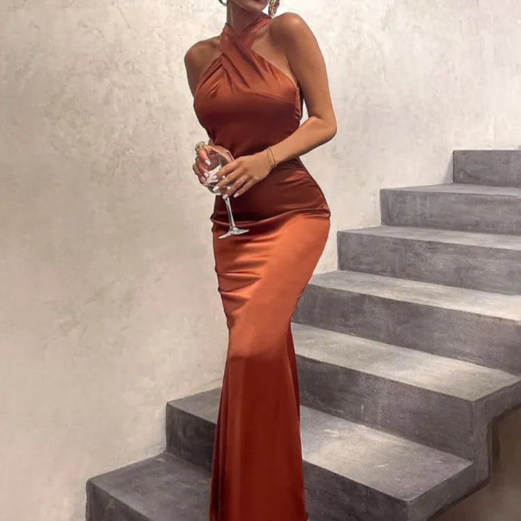 Sleeveless Cross Halter Satin Midi Dress Backless Bodycon Sexy Elegant Party Club Outfit Evening Birthday Clothes Summer