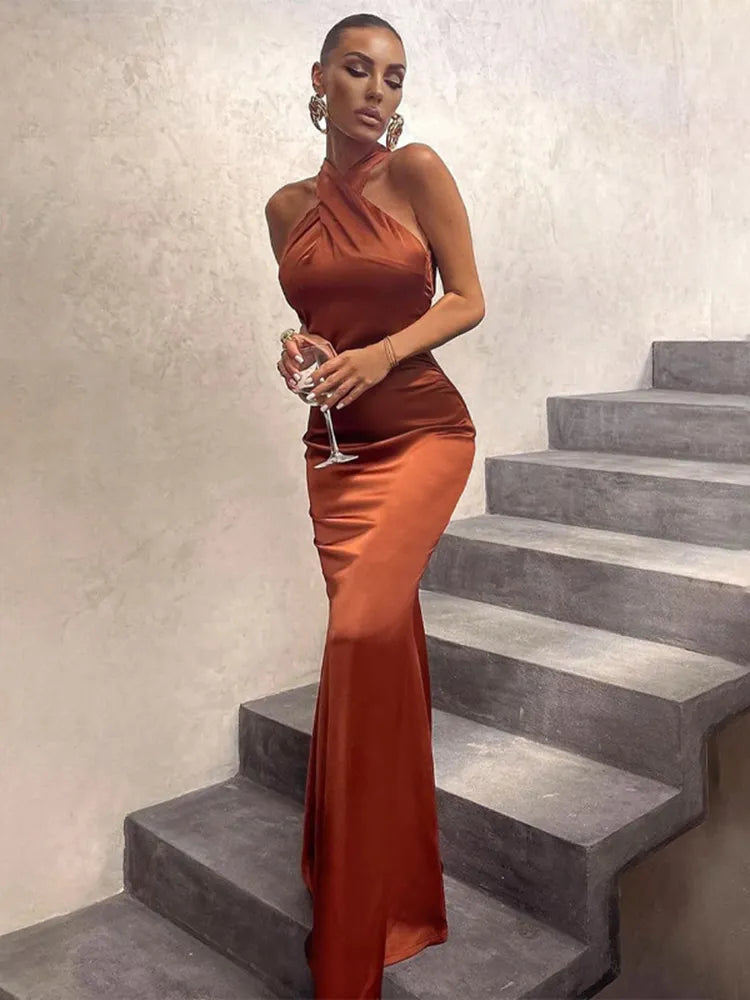 Sleeveless Cross Halter Satin Midi Dress Backless Bodycon Sexy Elegant Party Club Outfit Evening Birthday Clothes Summer