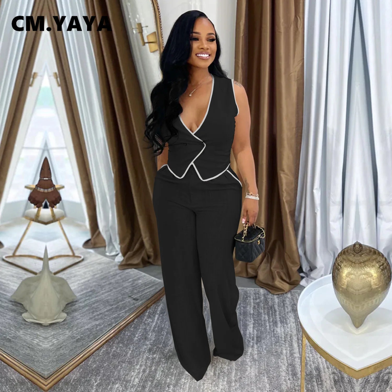 Fashion Women's Set Strapless Vest Tops and Wide Leg Pants Suit 2025 Summer Street Two 2Piece Sets Outfit Tracksuit black