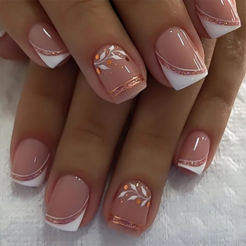 24Pcs Short Square Head Press on Fake Nails Simple French False Nails Art with White Leaves Design Wearable Full Cover Nail Tips 3764