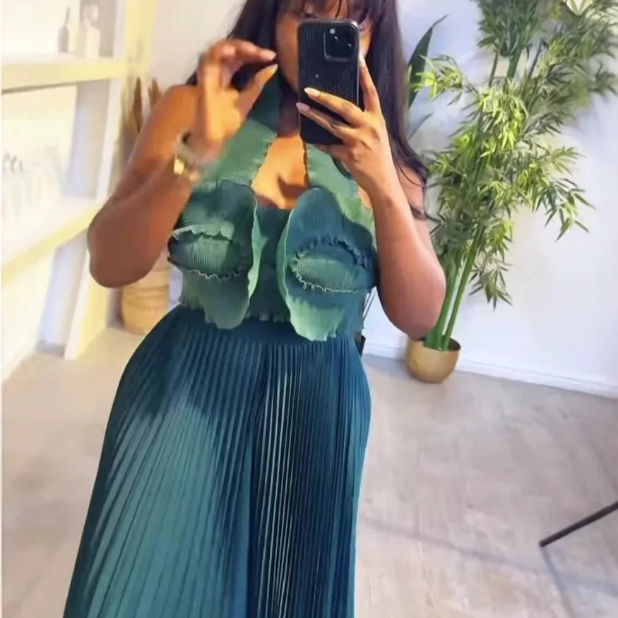 CM.YAYA Streetwear Women's Set Sleeveless Halter Crop Pleated Top+Wide Leg Pants Elegant 2024 Fall Party Two 2-Piece Set Outfits Dark Green One Size