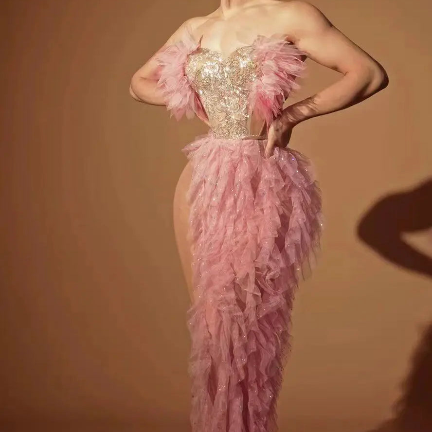 2024 New Fashion Women Sexy Strapless Ruffles 2 Pieces Bodycon Long Dress Celebrate Nightclub Party Performance Costume