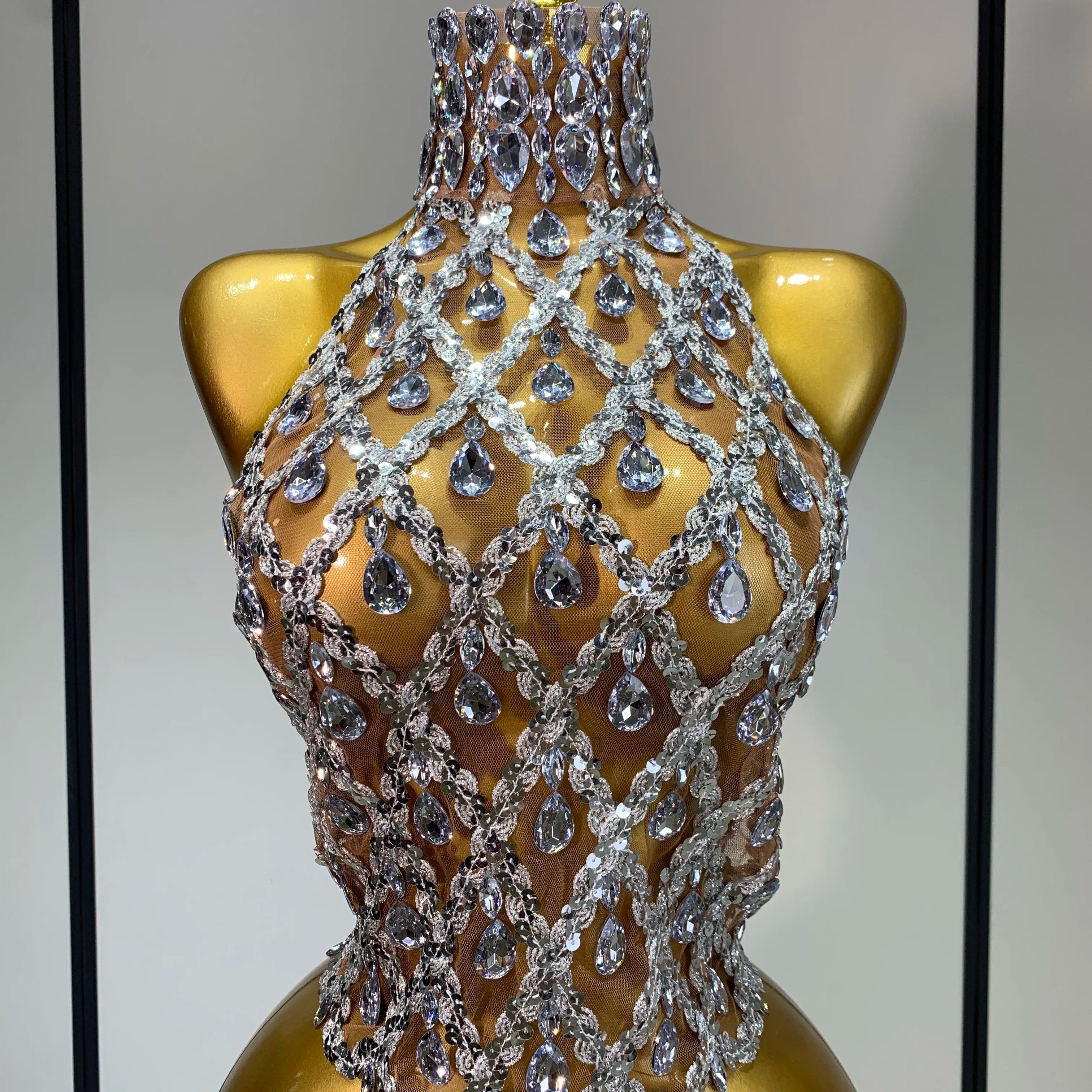 Sparkly Slver Rhinestone Sequins Mesh See Through Top Women Sexy Nightclub Evening Party Backless Spicy Girl Stage Outfit Silver