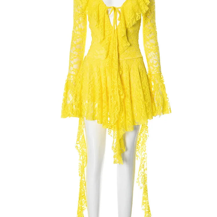 Lace Ruffled Sexy Mini Dress For Women Robe Deep V Neck Flare Long Sleeve Draped A-line Club Party Dress Vestido Yellow