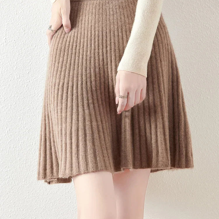 Autumn/Winter New 100% Wool Short Pleated Skirt Waist Cinching Slimming Knit Bottom Skirt Women's Bag Buttocks Umbrella Skirt camel