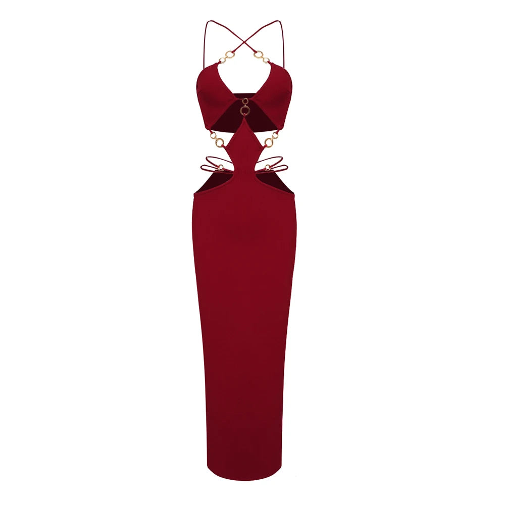 Sexy Hollow Out Halter Long Bandage Dress Fashion‘s Sexy Woman Package Hips Bodycon Dress Summer Vocation Vestido Claret