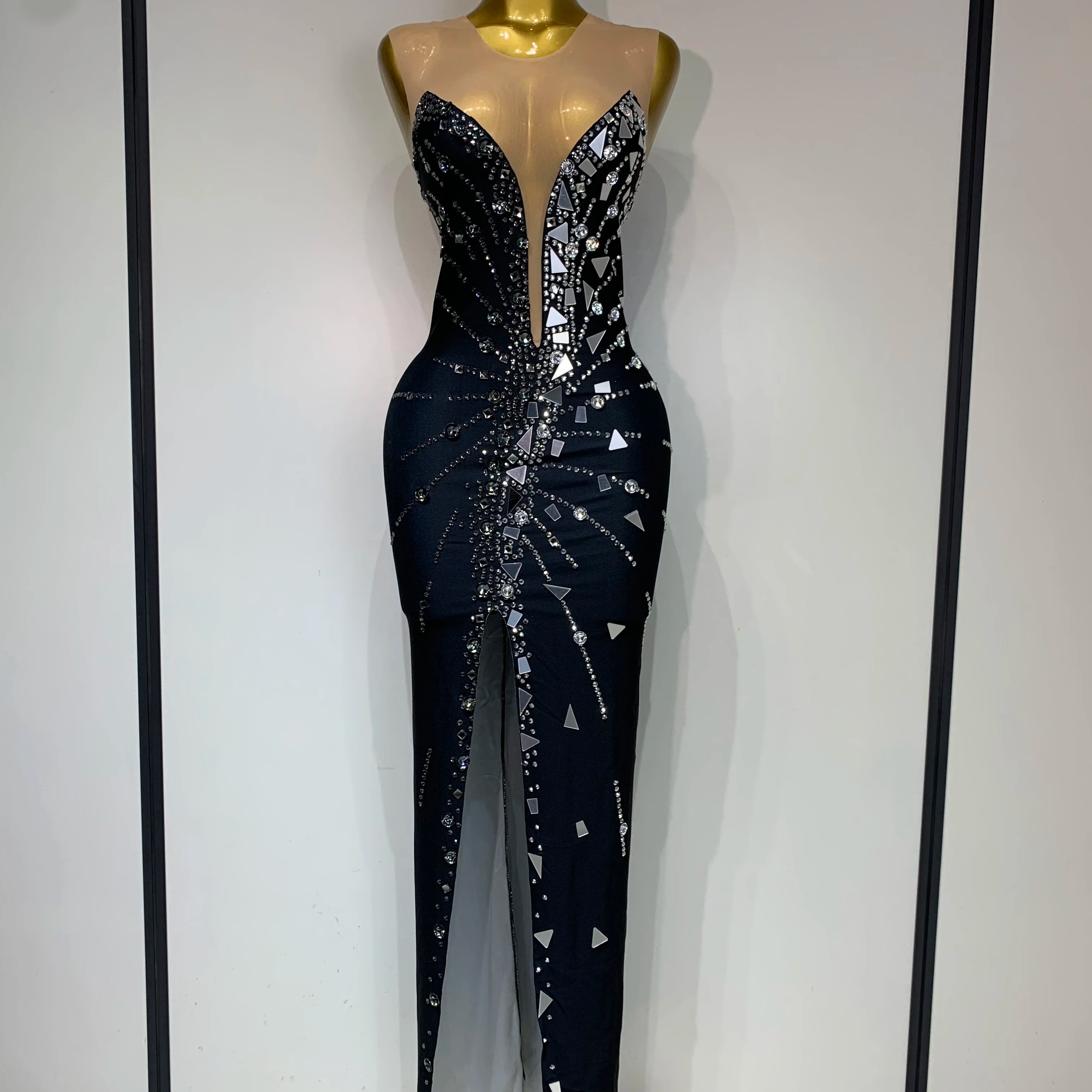Black bowknot Lens Patchwork Dress Rhinestones Dress Women Party Long Dress Celebrate Evening Prom Dress Stage Festival Outfit black