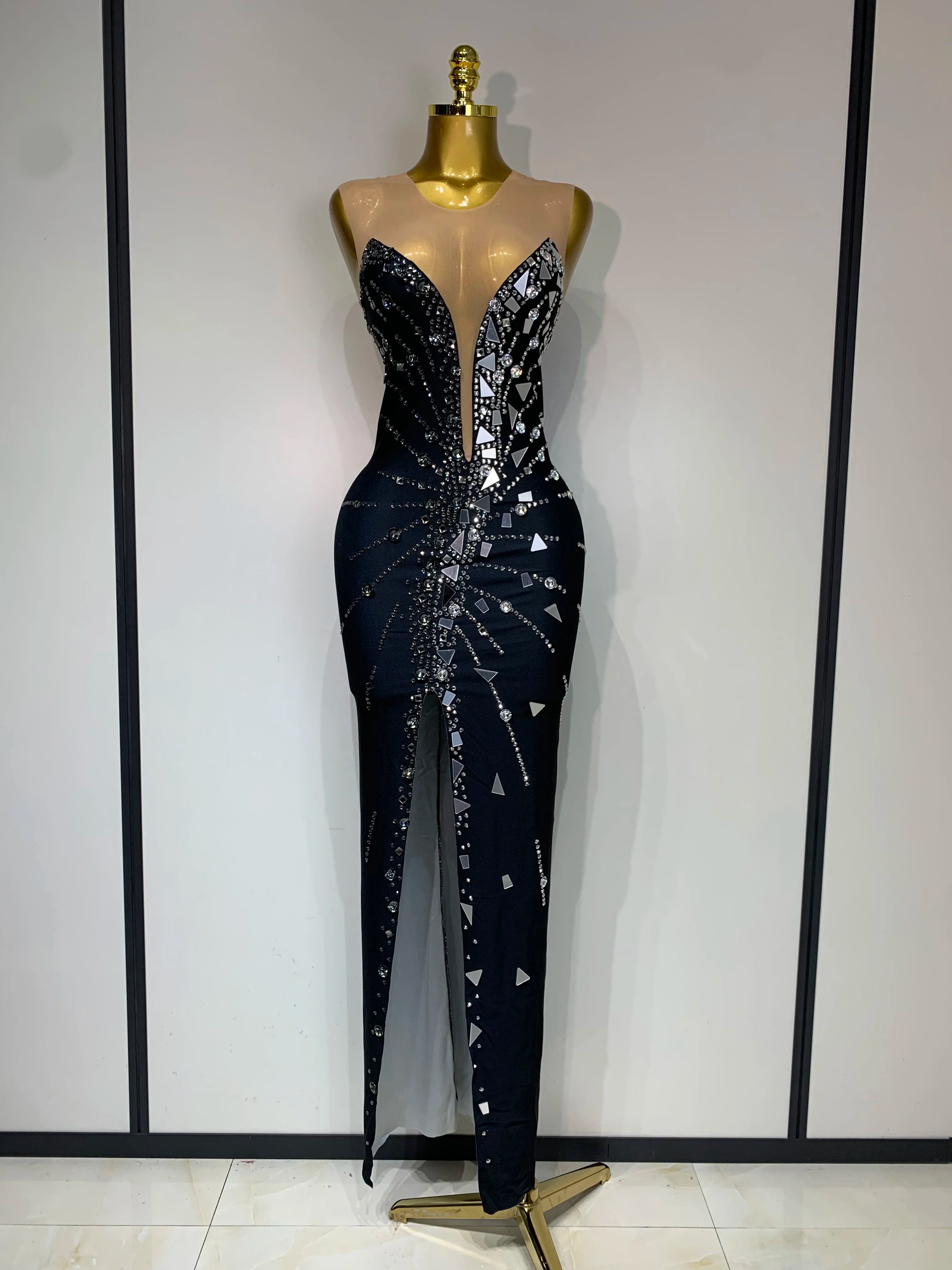 Black bowknot Lens Patchwork Dress Rhinestones Dress Women Party Long Dress Celebrate Evening Prom Dress Stage Festival Outfit black