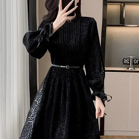 Coigarsam Women's Black Dress - Patchwork O-Neck, Mesh Sequins - Chic Evening & Party Fashion