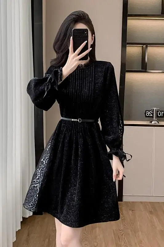 Coigarsam Women's Black Dress - Patchwork O-Neck, Mesh Sequins - Chic Evening & Party Fashion