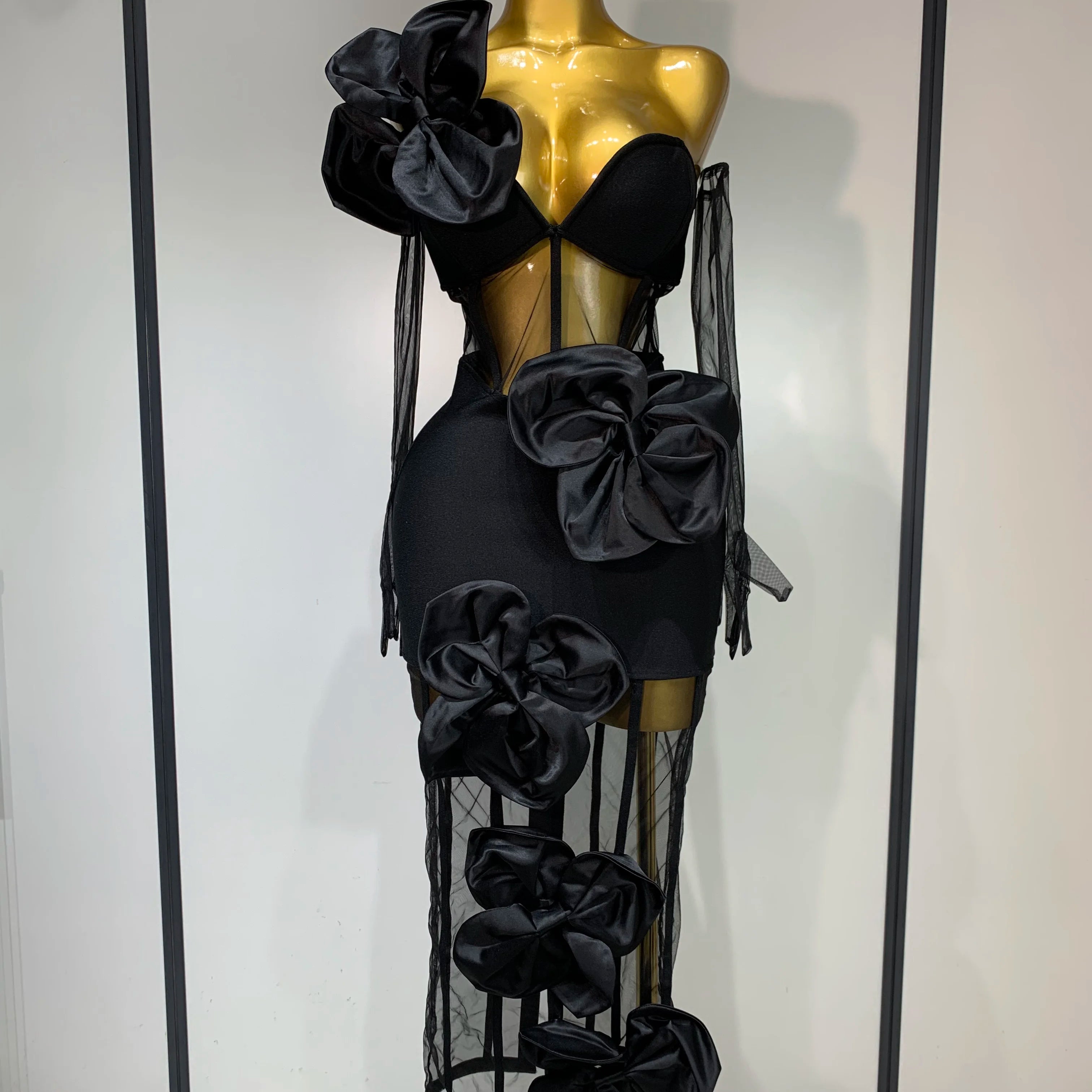 Women Sexy One Shoulder Bow Mesh See Through Bandage Bodycon Dress With Gloves Black Sleeveless Elegant Party Birthday Dresses black