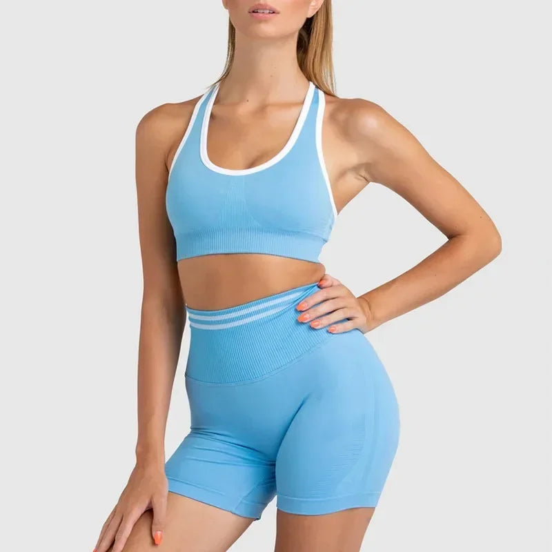 Seamless Yoga Sets Sports Fitness Peach Hip-lifting Shorts Beauty Back Short-Sleeved Suits Workout Gym Leggings Set for Women Lake Blue2