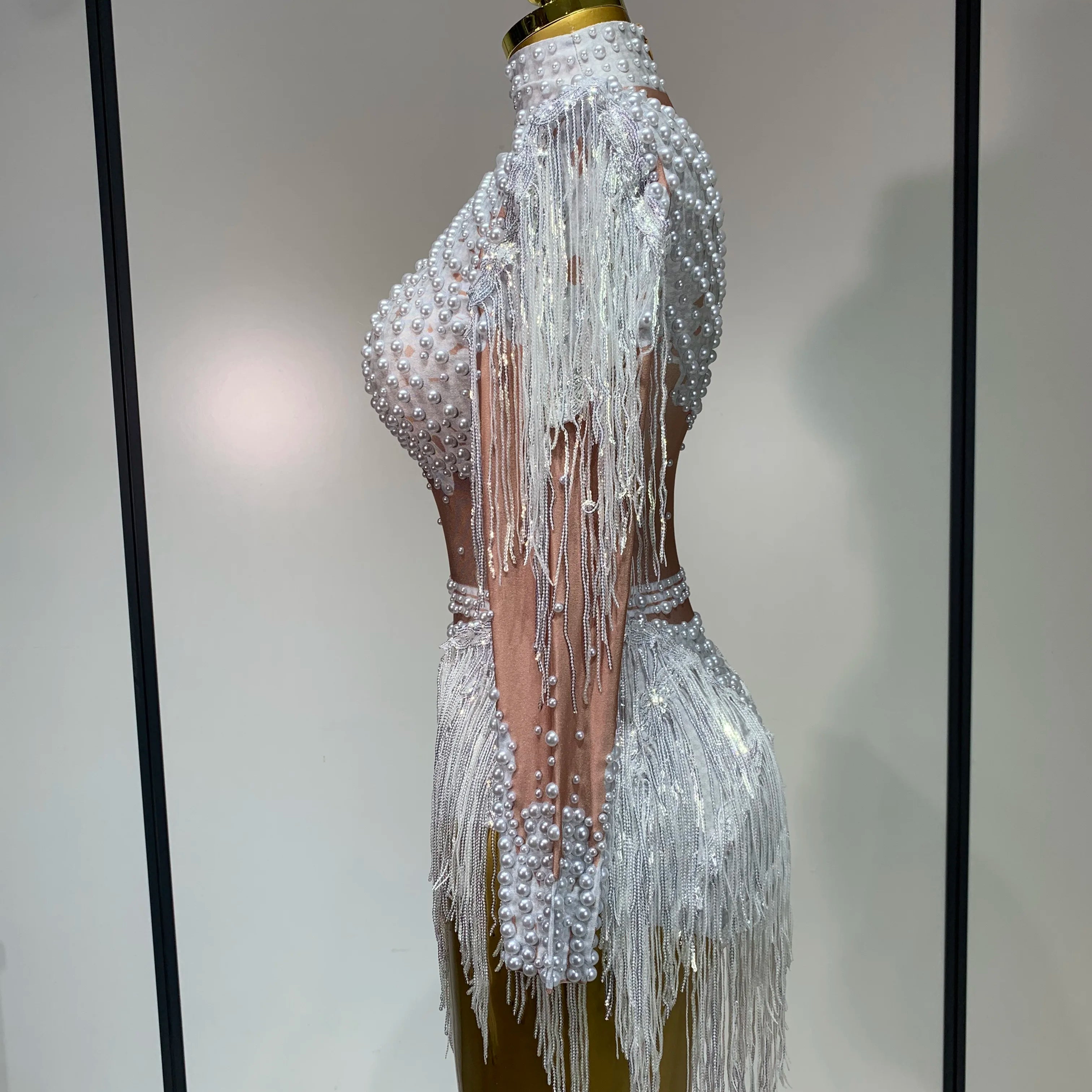 Women Long Sleeve Sexy Stretch Bodycon Shinning Tassels Rhinestones Bodysuit Celebrate Birthday Club Evening Party Stage Outfit