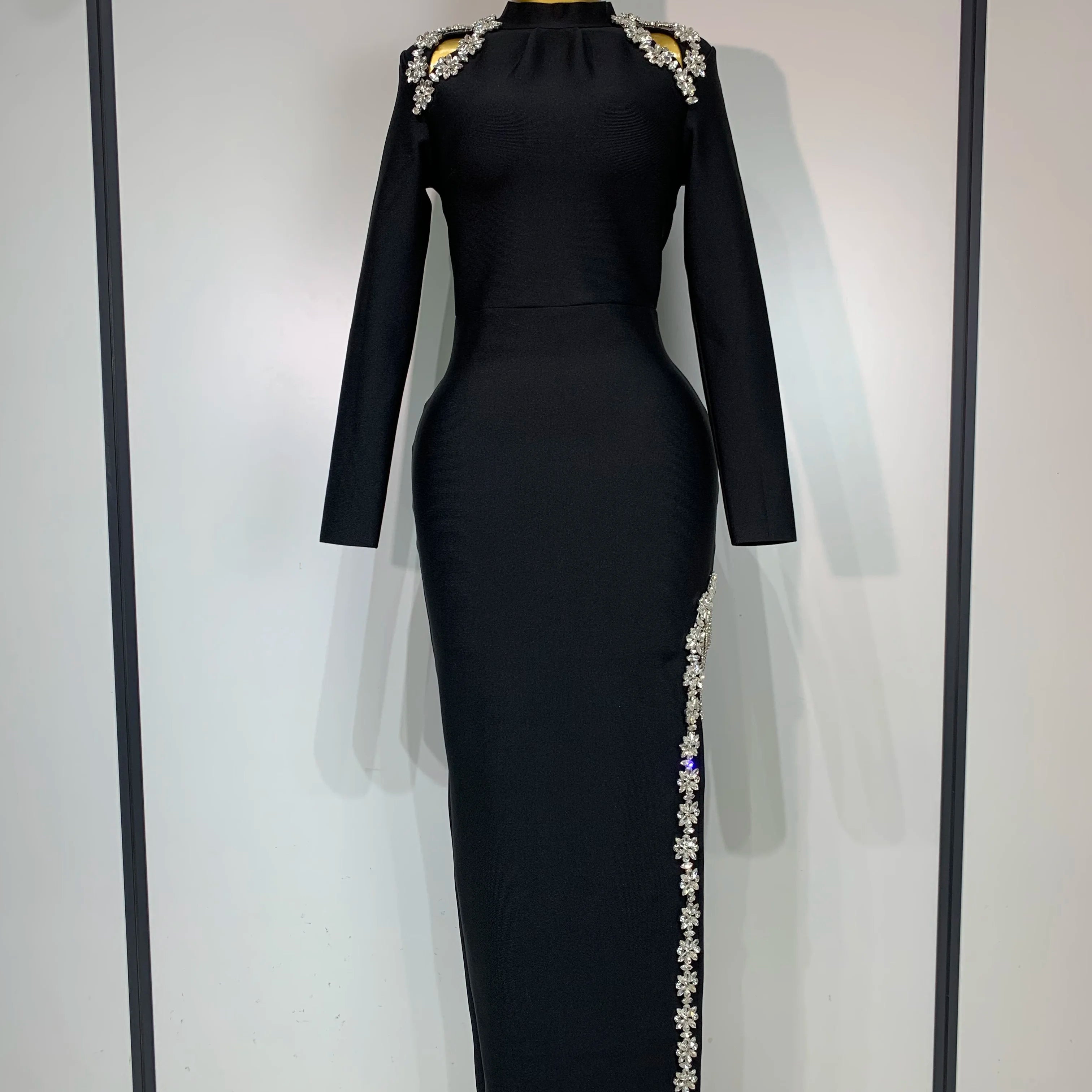 Women Long Sleeve Sexy Shinning Crystal High Split Bodycon Long Bandage Dresses Elegant Evening Party Birthday Cocktail Outfit