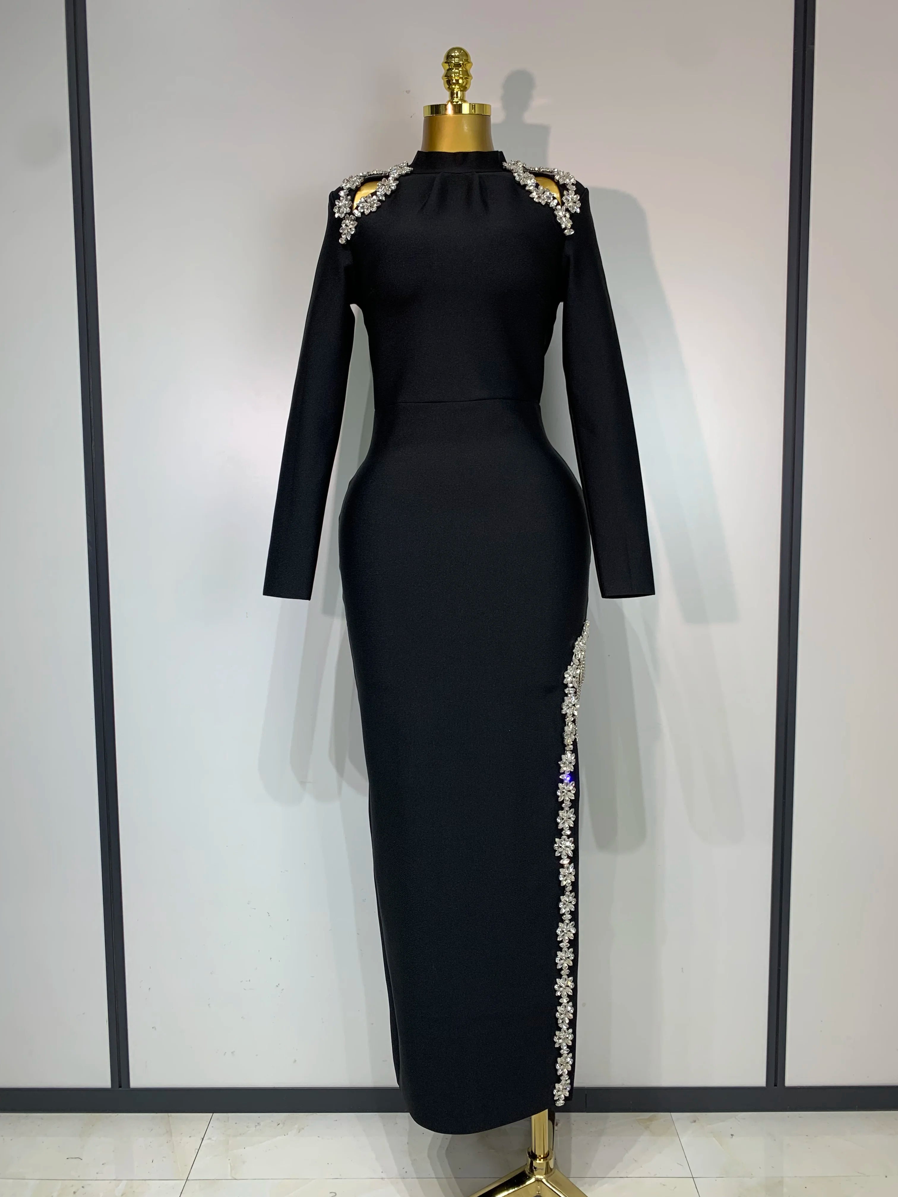 Women Long Sleeve Sexy Shinning Crystal High Split Bodycon Long Bandage Dresses Elegant Evening Party Birthday Cocktail Outfit