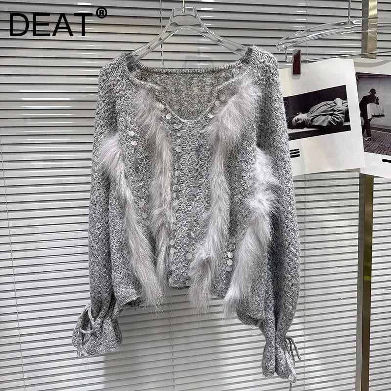 Winter New Fashion Beaded Embroidery Drawstring Sleeve Knitted Sweater For Women Loose Plush Spliced Tops 11A07605