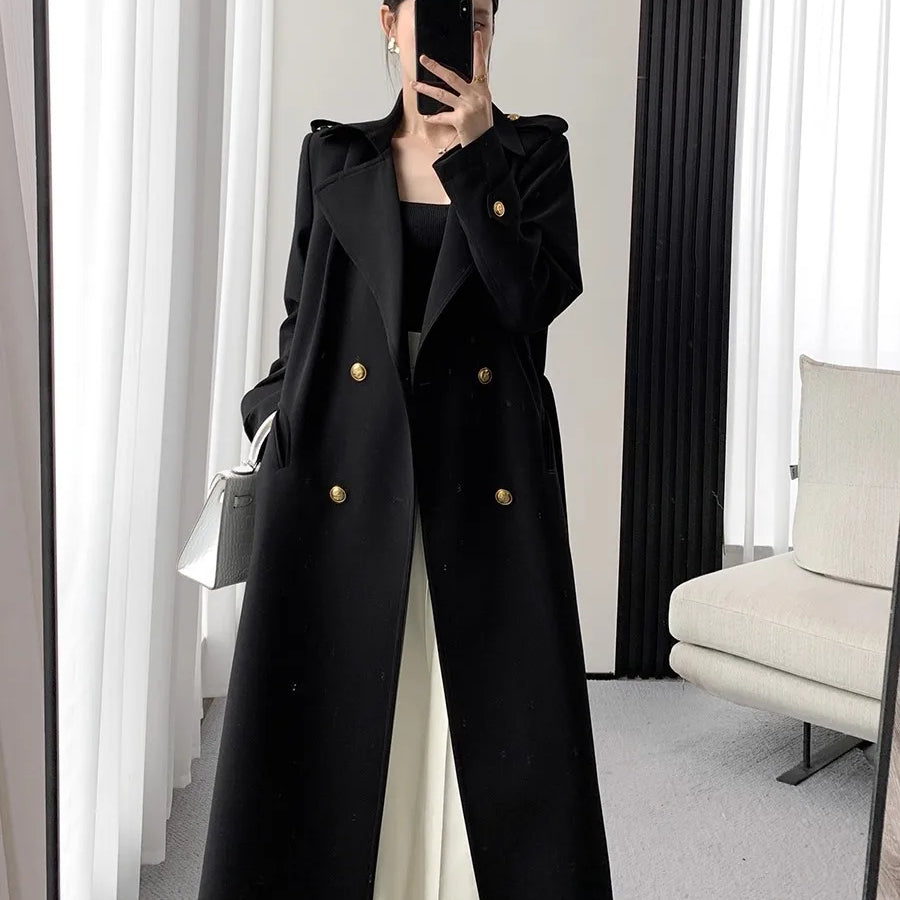 Lautaro Spring Autumn Long Black Trench Coat for Women Gold Buttons Double Breasted Elegant Chic Luxury Designer Clothes 2025 Black