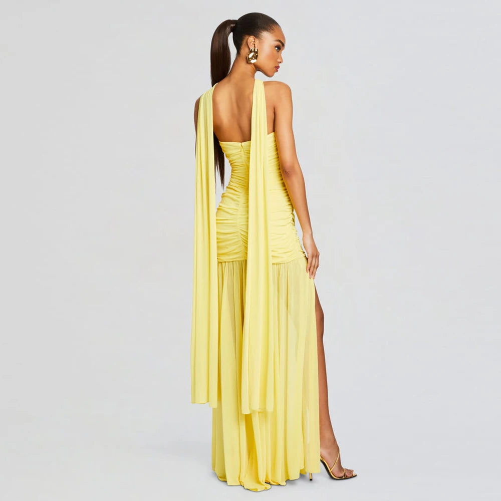 Yellow Color Women Sexy Halter Off the Shoulder Bodycon Long Mesh Dress Celebrate Birthday Party Vacation Girls' Dress