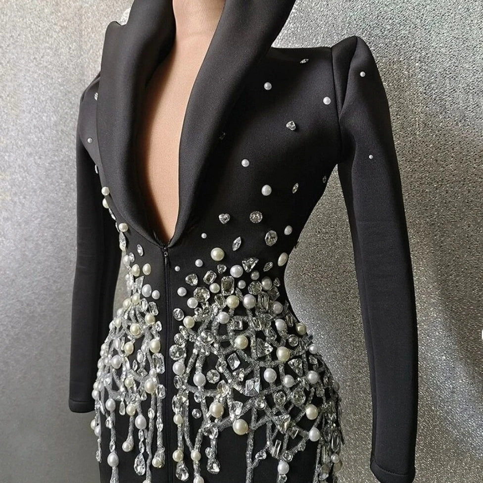Sparkly Crystal Pearls Mini Dress Black Color Fashion Suit Collar Birthday Evening Party Nightclub Dress Singer Dress