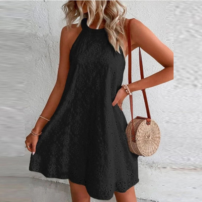Women's Mini Dress 2024 Summer Casual O Neck Sleeveless A-line Dresses Female Fashion Holiday Beach Party Loose Dresses Vestidos Black