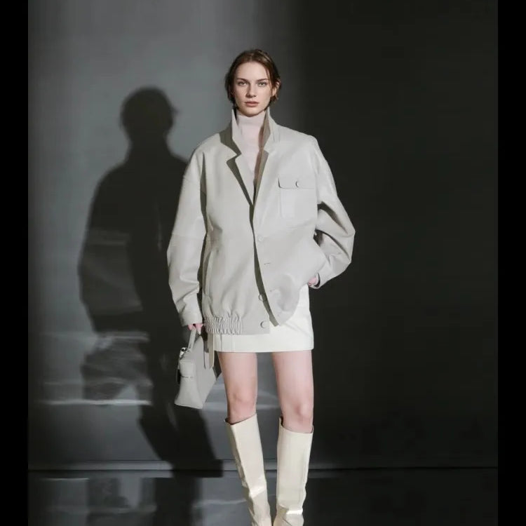 Lautaro Spring Autumn Oversized Waterproof Distressed Brown Pu Leather Jacket Women Single Breasted Luxury Designer Clothes 2025