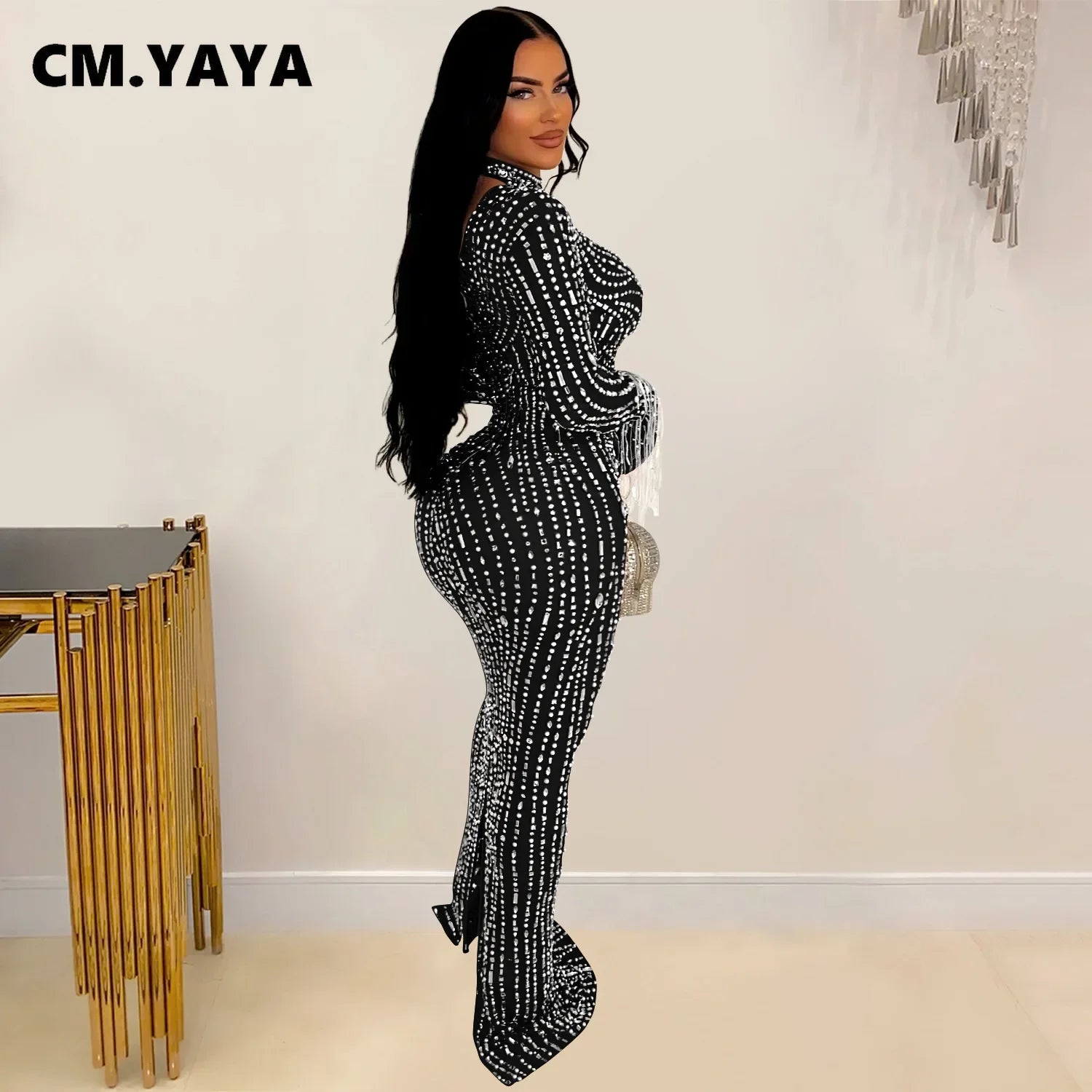 2024 Women Long Sleeve Mesh See Through Diamonds Hot Rhinestones Bodycon Dress Woman Maxi Long Evening Birthday Dresses